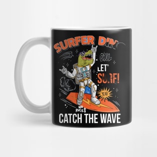 funny cool dude in space suit surfer dino green t rex catch the wave on space surfboard Mug